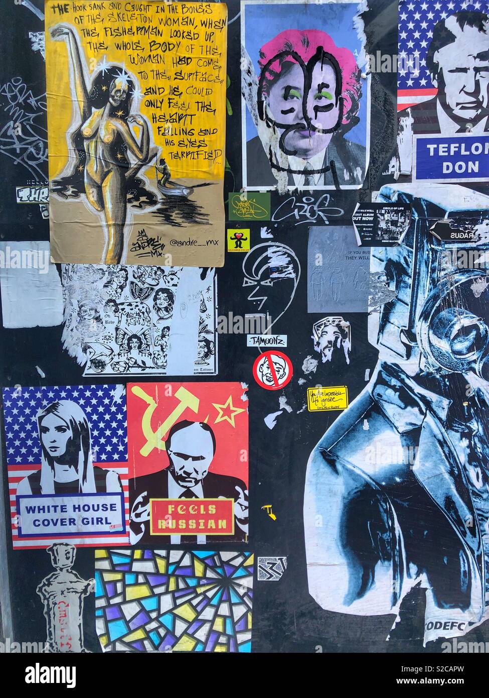 Graffiti collage Street Art in Shoreditch, East London Stockfoto