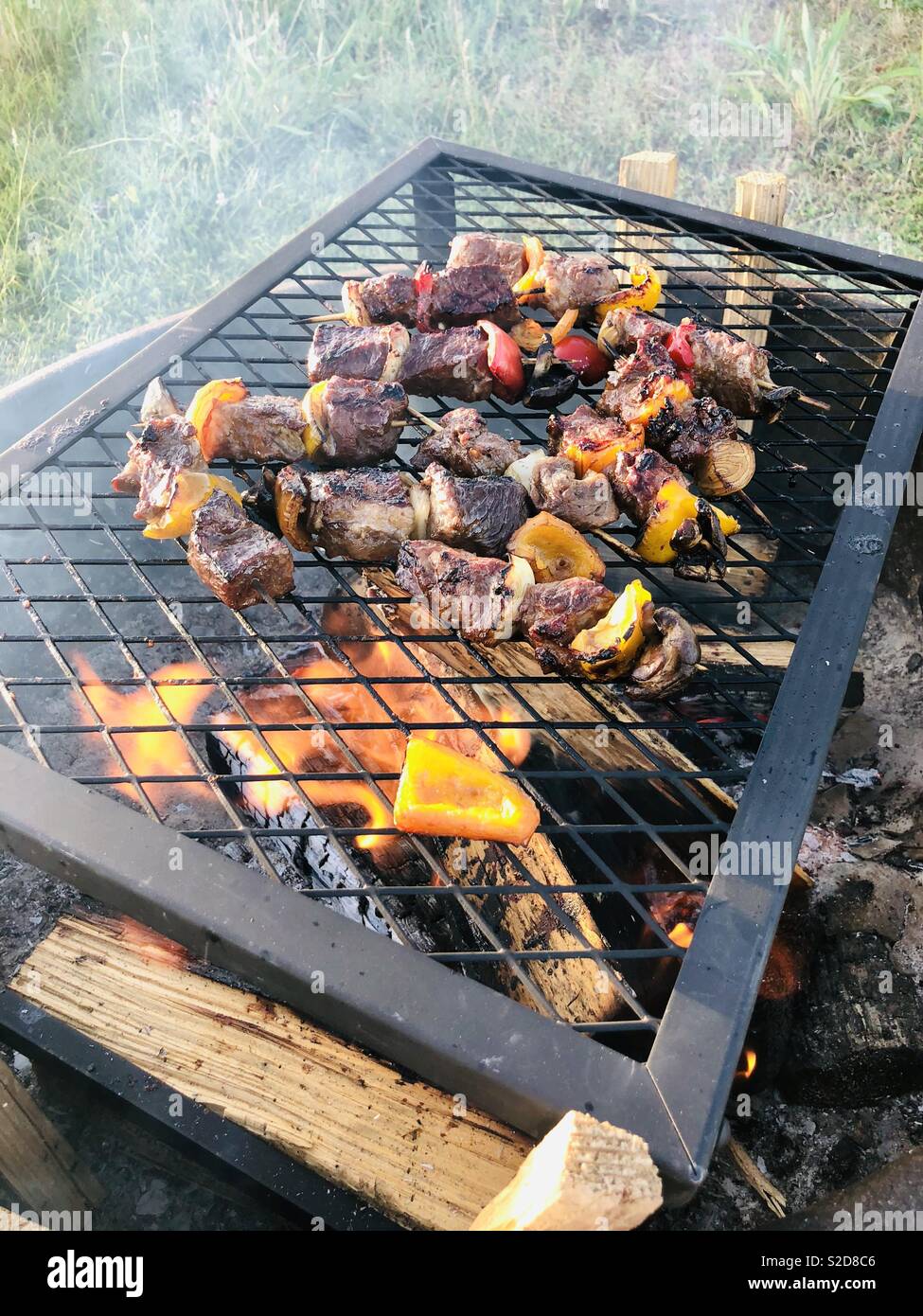 Feuer gegrilltes Fleisch und Gemüse Spieße. Stockfoto
