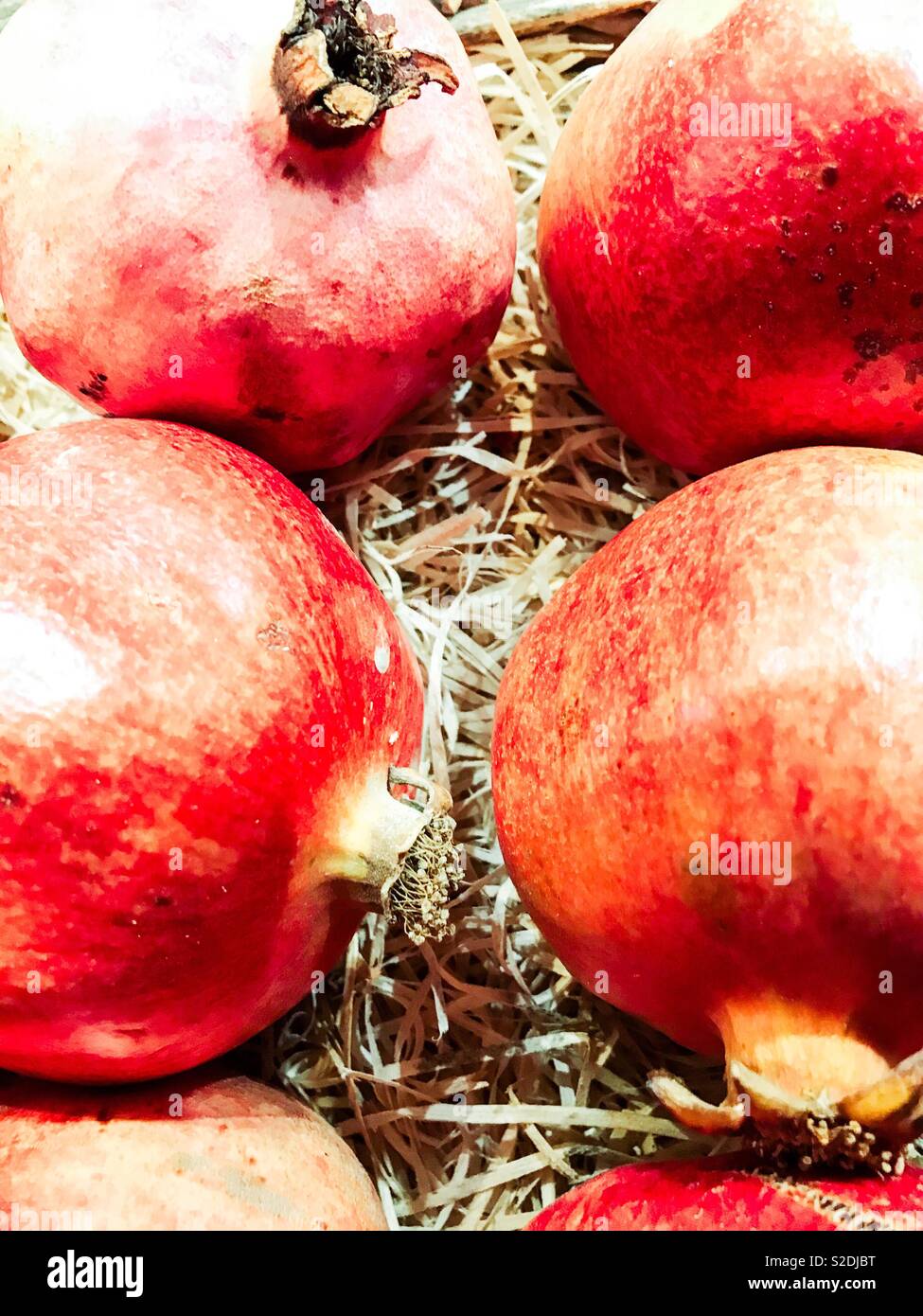 Granatäpfel in einem Korb Stroh. Stockfoto