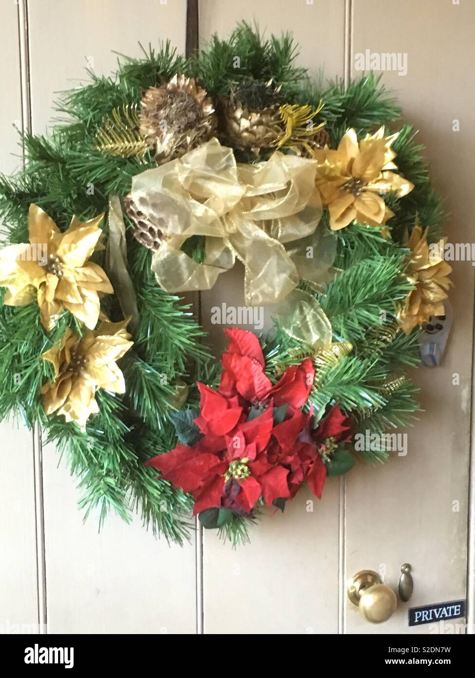 Handgefertigte vintage floral Christmas wreath Dekoration hängen von alte weiße Tür mit Messing Griffe und alten privaten unterzeichnen. Bänder in Gold mit roten Weihnachtsstern Blumen auf grünem Laub Fichte. Stockfoto