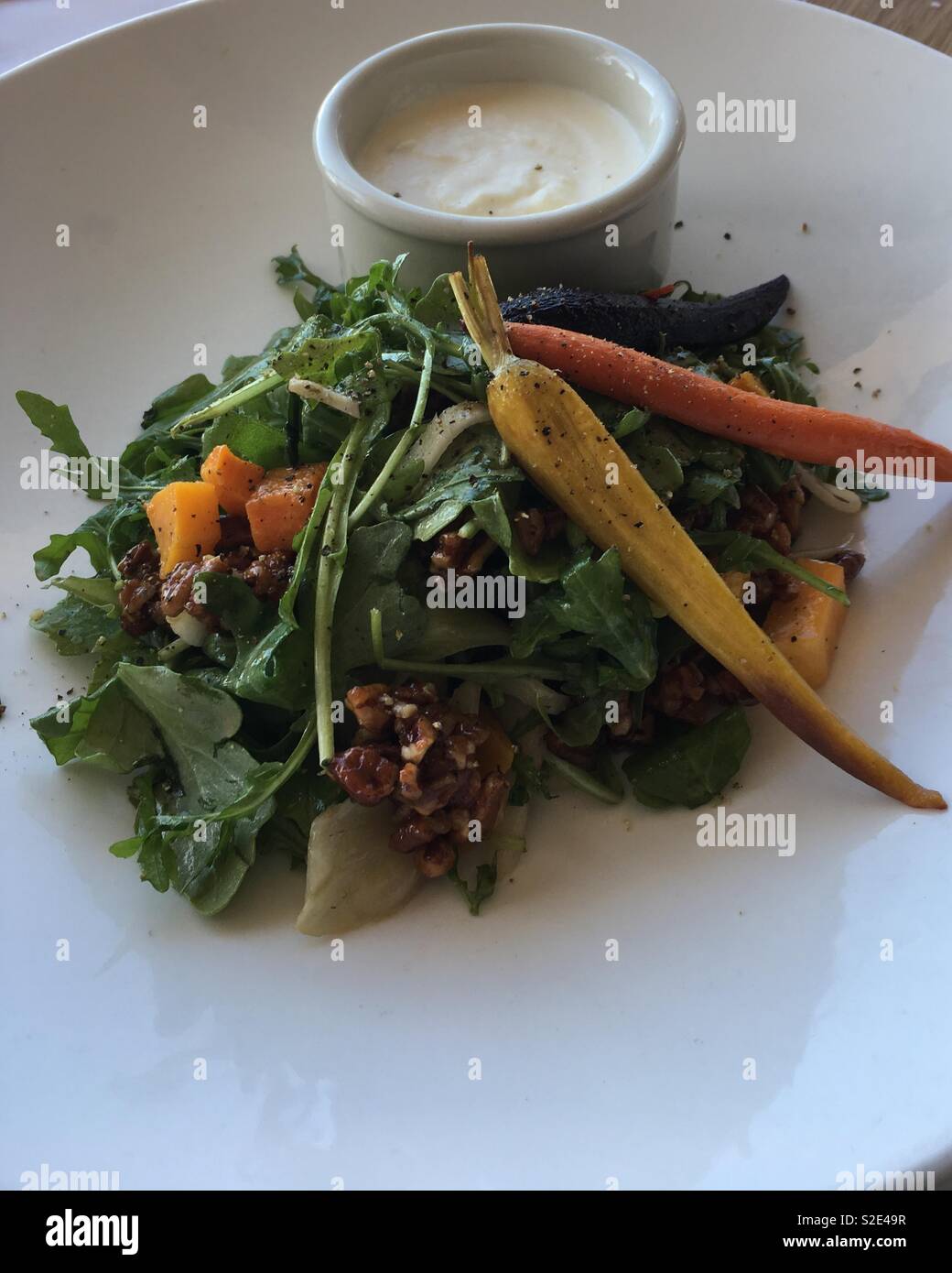 Salat mit grünen, Gemüse, Nüssen, ricotta Honig Dressing Stockfoto