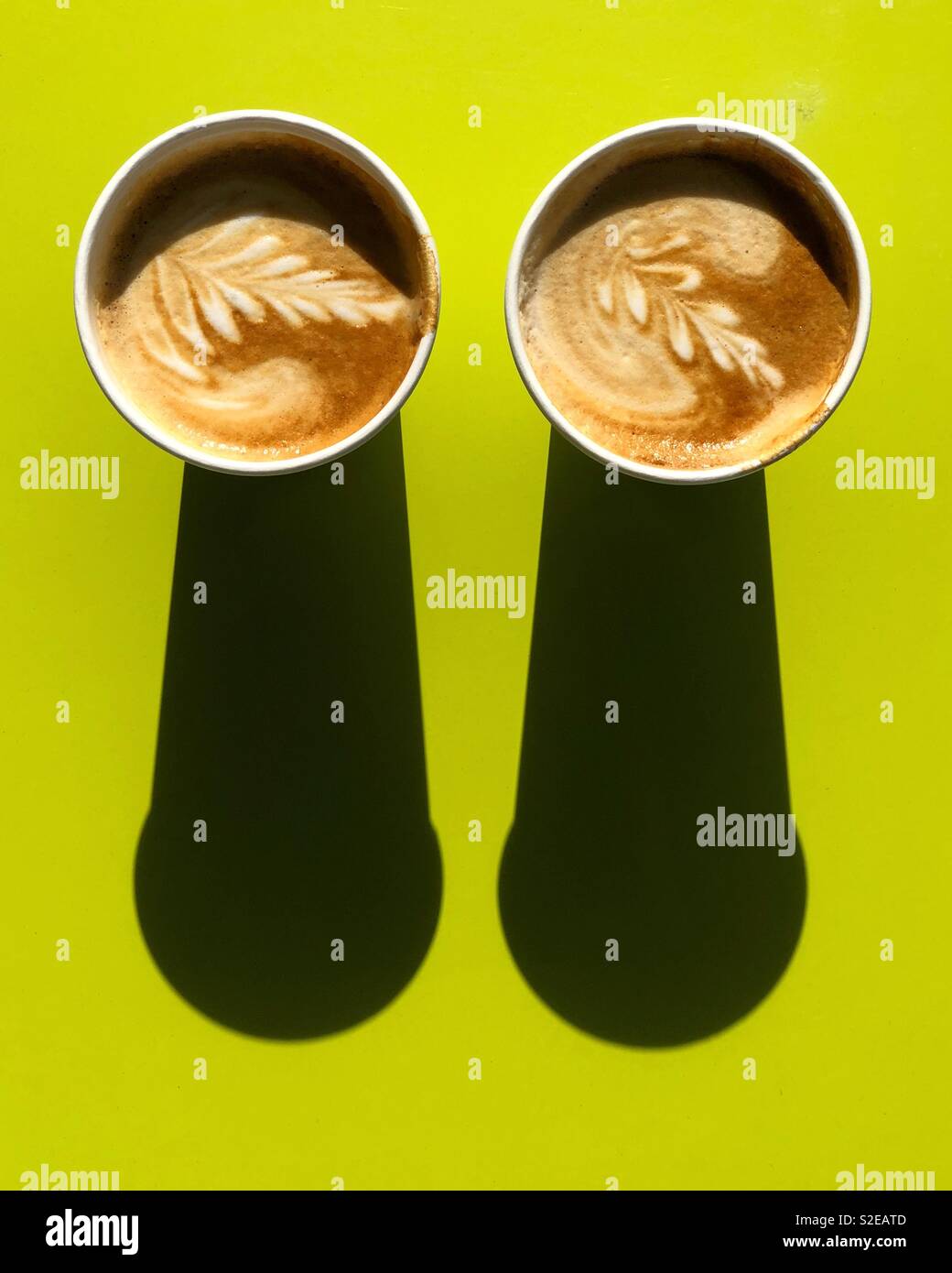 Zwei Cappuccinos mit Schatten am grünen Tisch Stockfoto