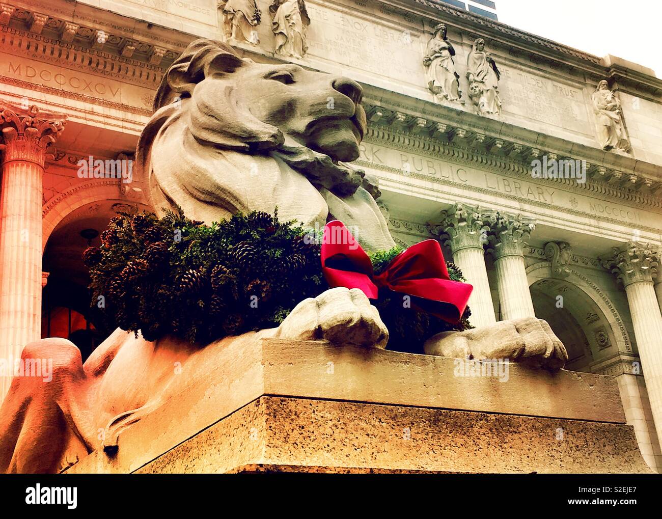 Geduld, die Bibliothek lion Statue sein Weihnachten Kranz tragen, NYPL, Fifth Avenue, New York, United States Stockfoto