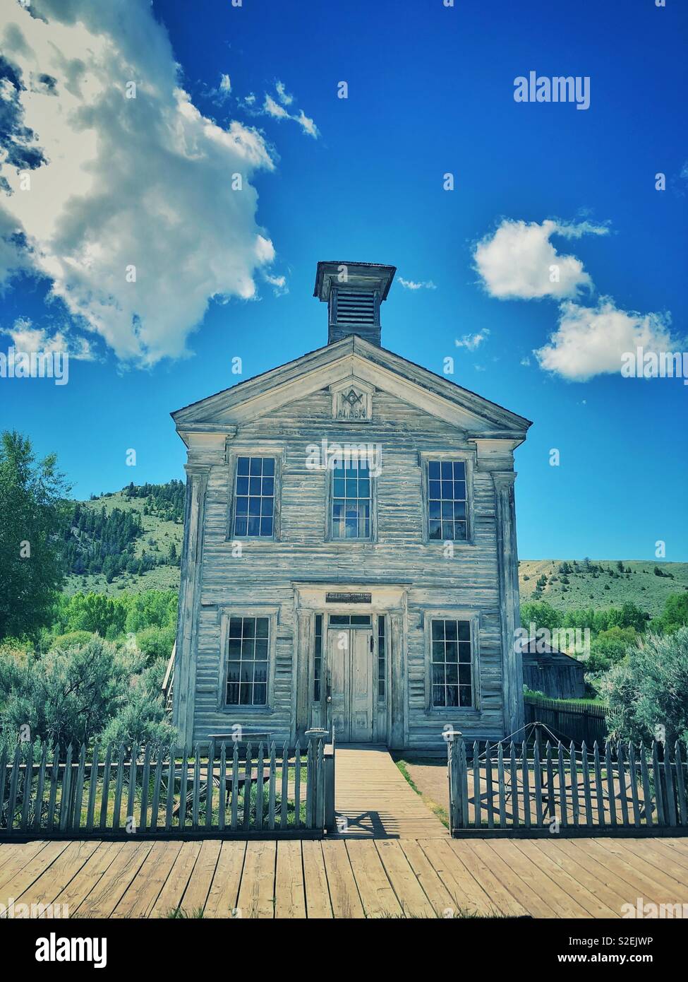 Freimaurerloge und Schulhaus in Bannock Montana Stockfoto