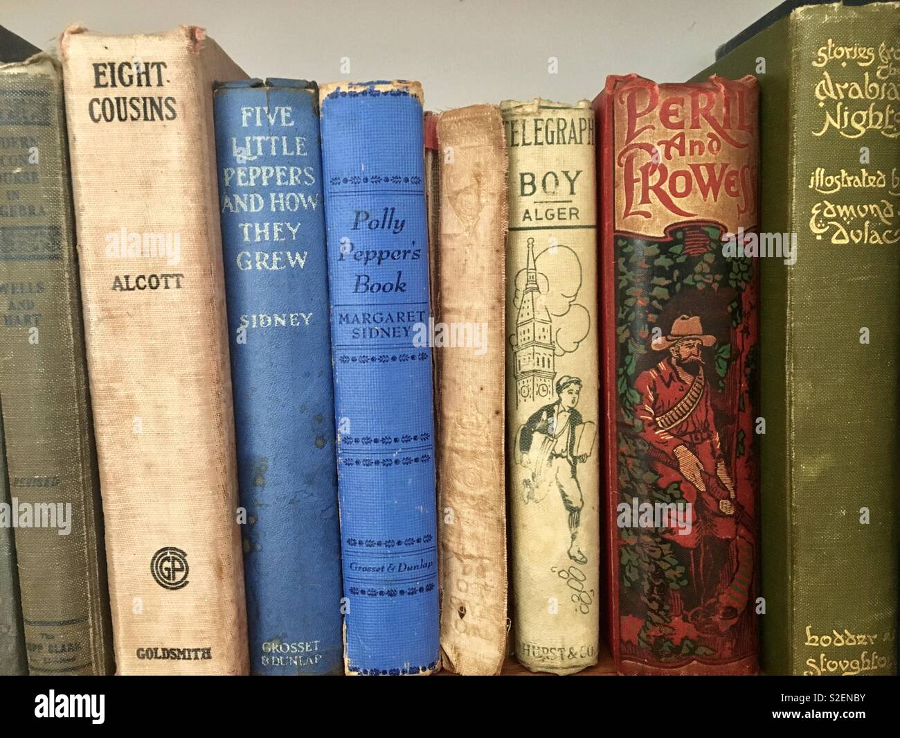 Alte Bücher im Bücherregal Stockfoto