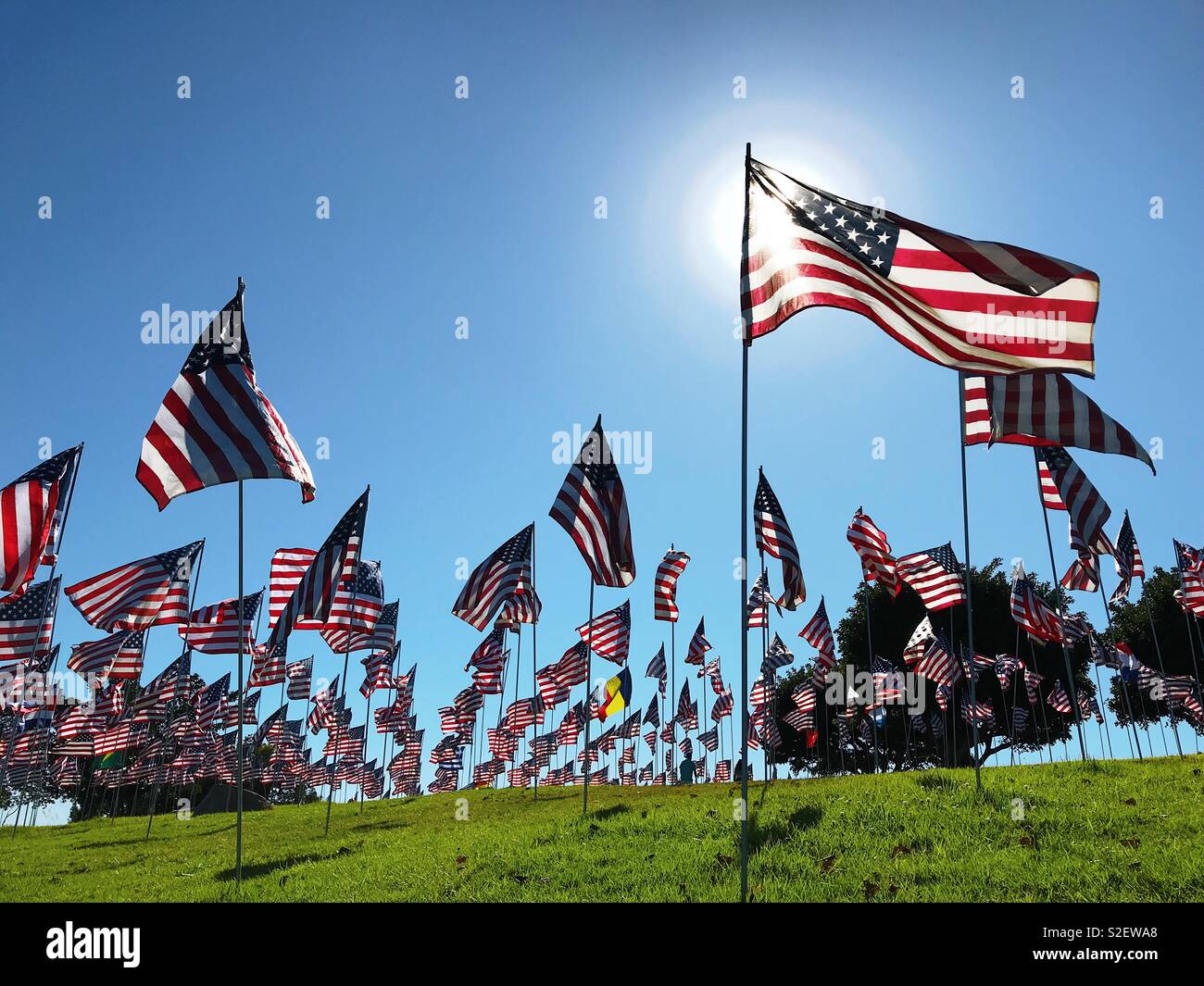 Wellen von Speicher. Wellen der Flaggen Display in Alumni Park der Pepperdine University in Malibu, CA, USA. Flaggen sind hier in Erinnerung an den 11. September 2001 Opfer des Anschlags angezeigt (ein Flag pro Leben verloren). 2017 Stockfoto