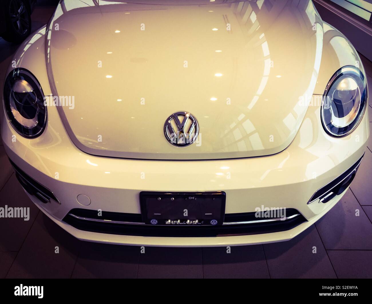 Brandneuer Beetle im Showroom, Ontario, Kanada. Fahrer gesucht. Kleines Auto. Der Käfer Wird Wiedergeboren. Überarbeitet. Aktualisiert. - Smartphone-aufgenommenes Stockfoto