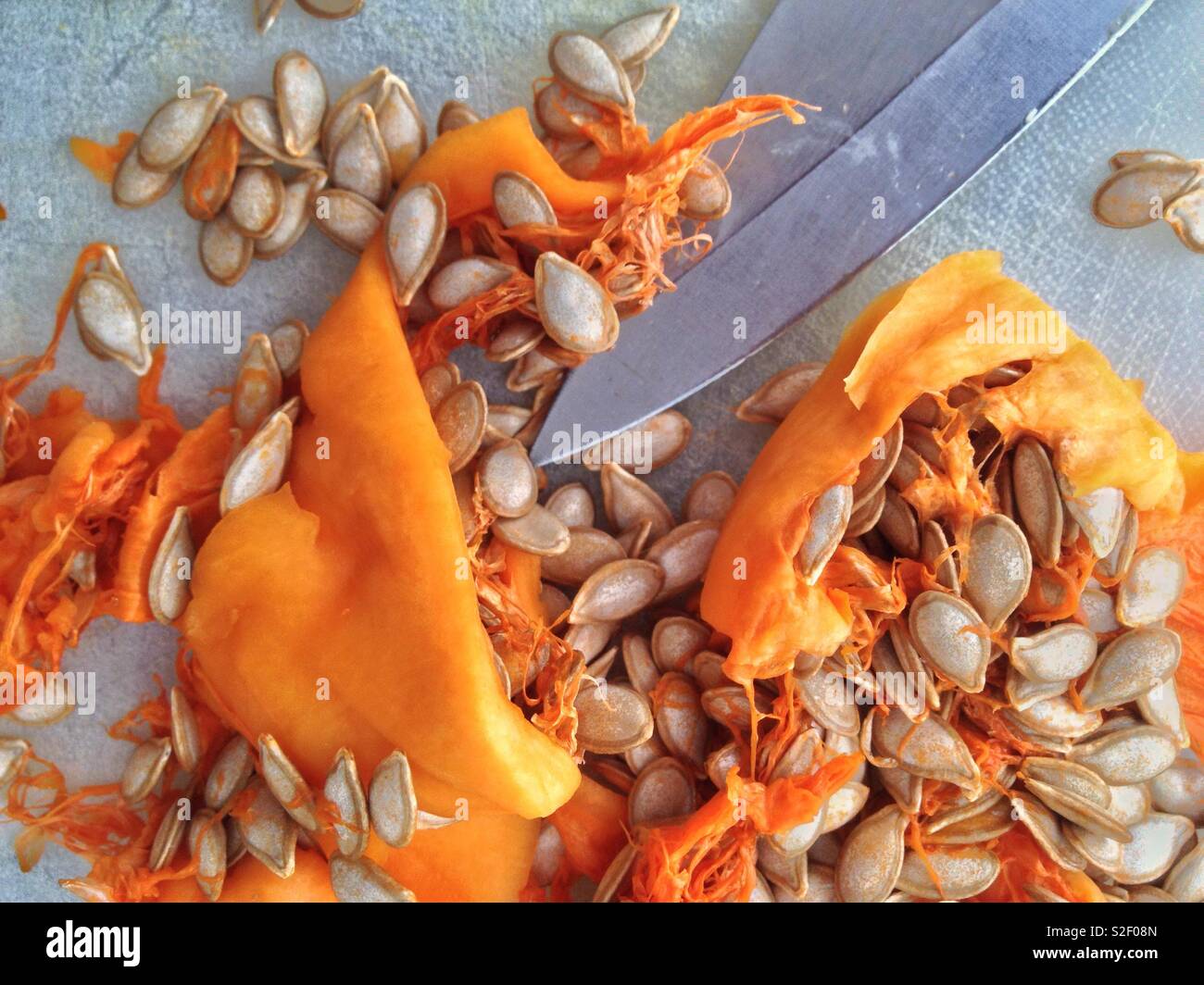 Pulp Küche: Nahaufnahme von Fruchtfleisch und Samen von Butternut Squash auf Schneidebrett mit Messer. - Smartphone-aufgenommenes Stockfoto