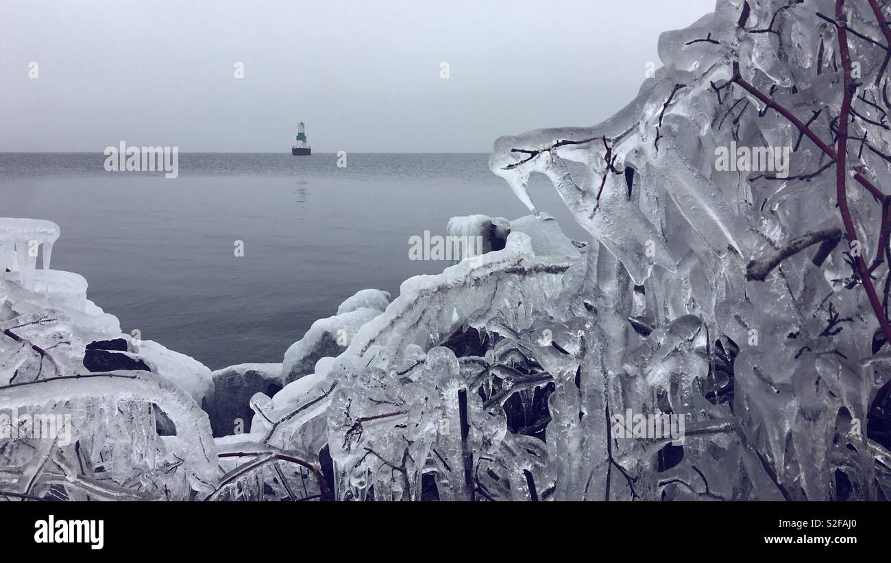 Blick auf den Lake Superior von Escanaba, Michigan, an einem kalten Tag im Dezember mit Eis auf Bäume im Vordergrund Stockfoto