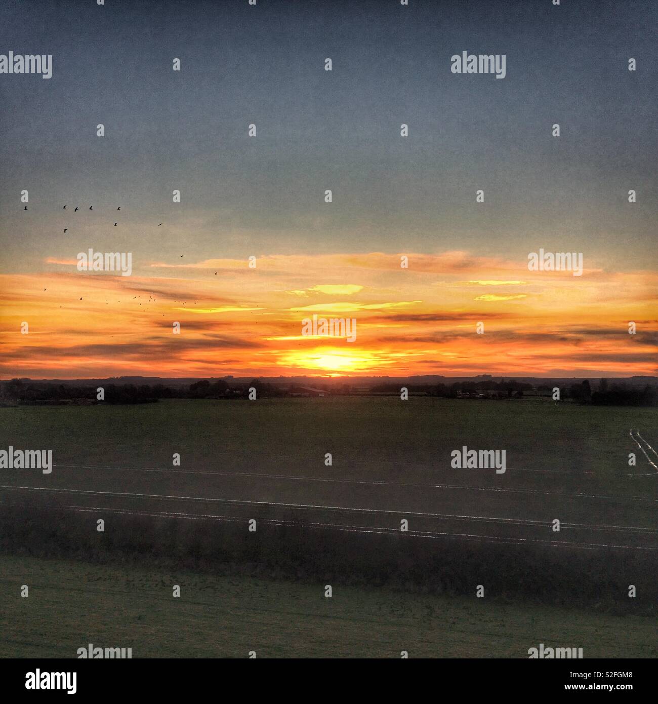 Dezember Sonnenuntergang mit ein paar Angebote flying Vergangenheit, von der westlichen Wand von covenham Reservoir an der East Lindsey, Lincolnshire. Stockfoto