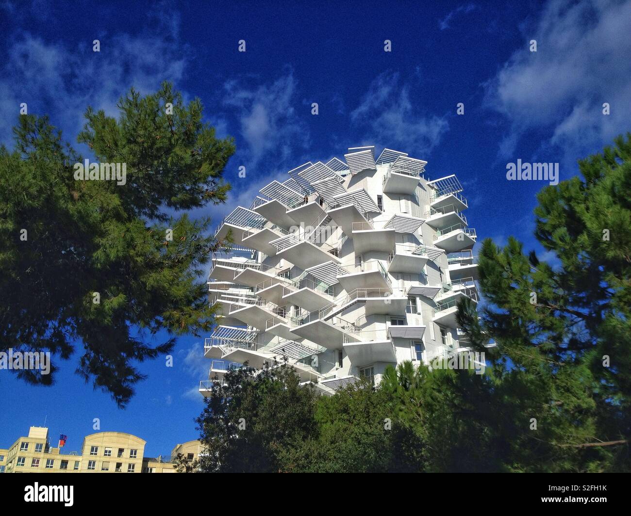 L'Arbre Blanc, Neues modernes Gebäude am Ufer des Flusses Lez, Montpellier Frankreich Stockfoto