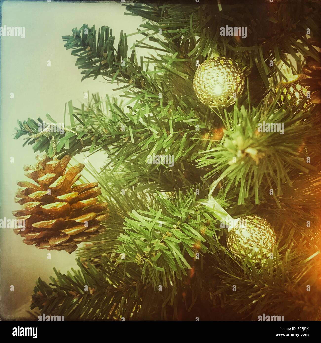 Pine Cone hängen am Weihnachtsbaum - Smartphone-aufgenommenes Stockfoto