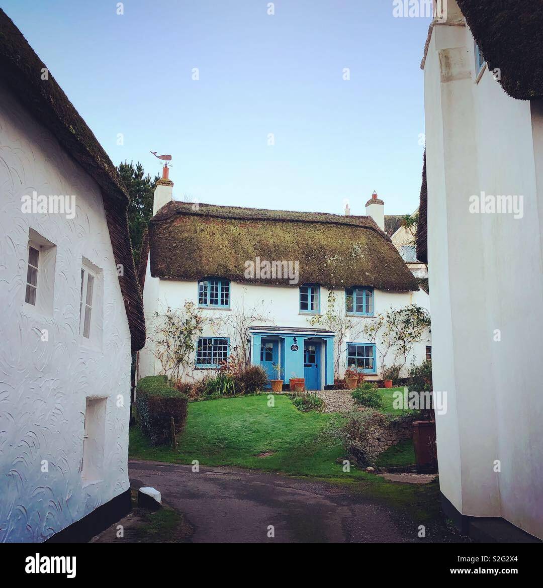Reetgedeckte Cottages in Hope Cove, Devon Stockfoto