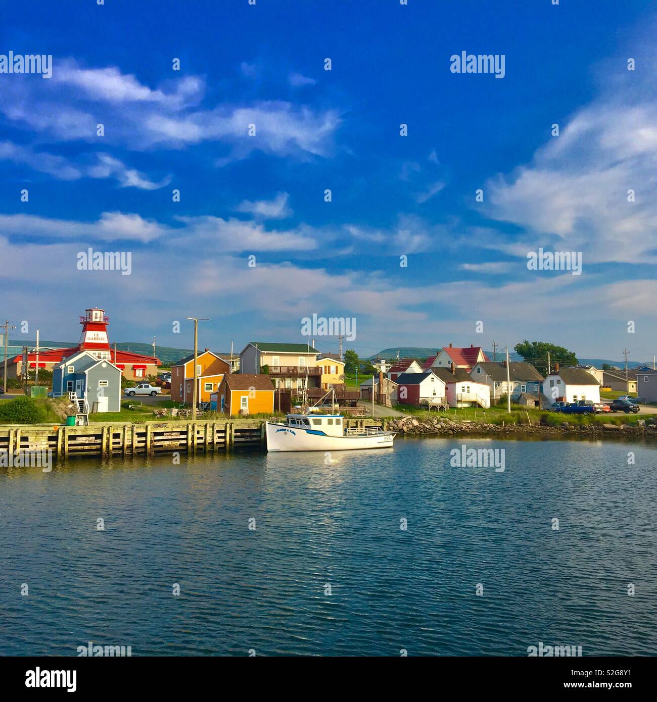 Gemeinde Cheticamp von der Waterfront in Cape Breton Island Stockfoto