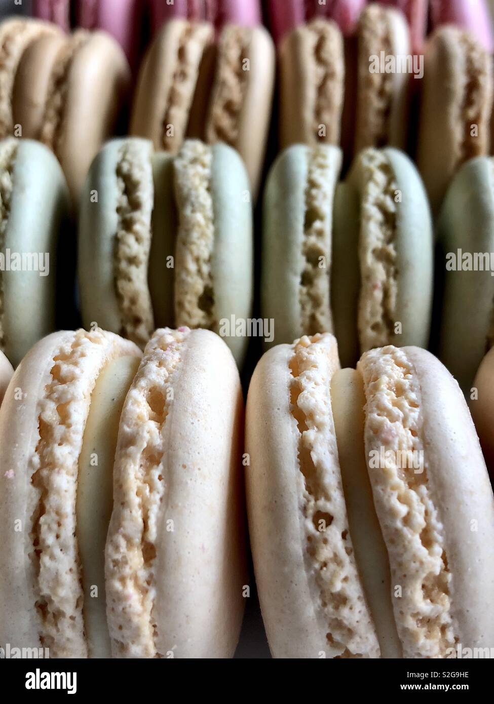 Zeilen von Pastell macarons - Smartphone-aufgenommenes Stockfoto