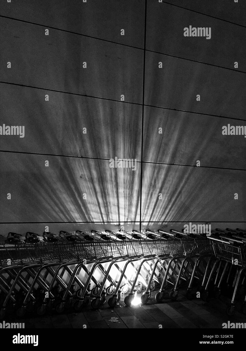 Schwarze und weiße Rendering von Lichtstrahlen durch Supermarkt Karren nach Einbruch der Dunkelheit Stockfoto