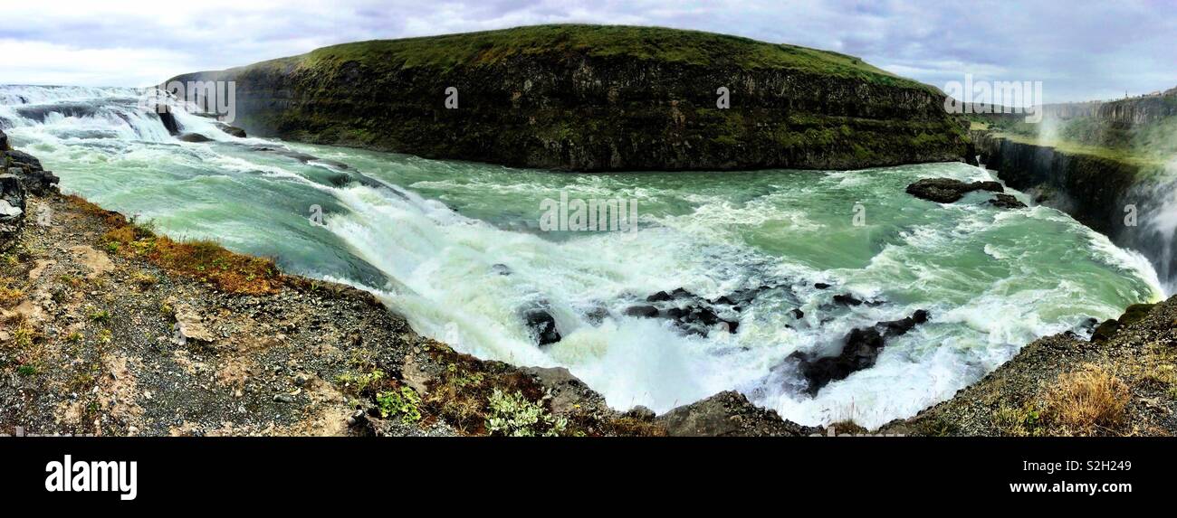 Panorama der weißen wasser fluss oben gulfoss Wasserfalls Island Stockfoto