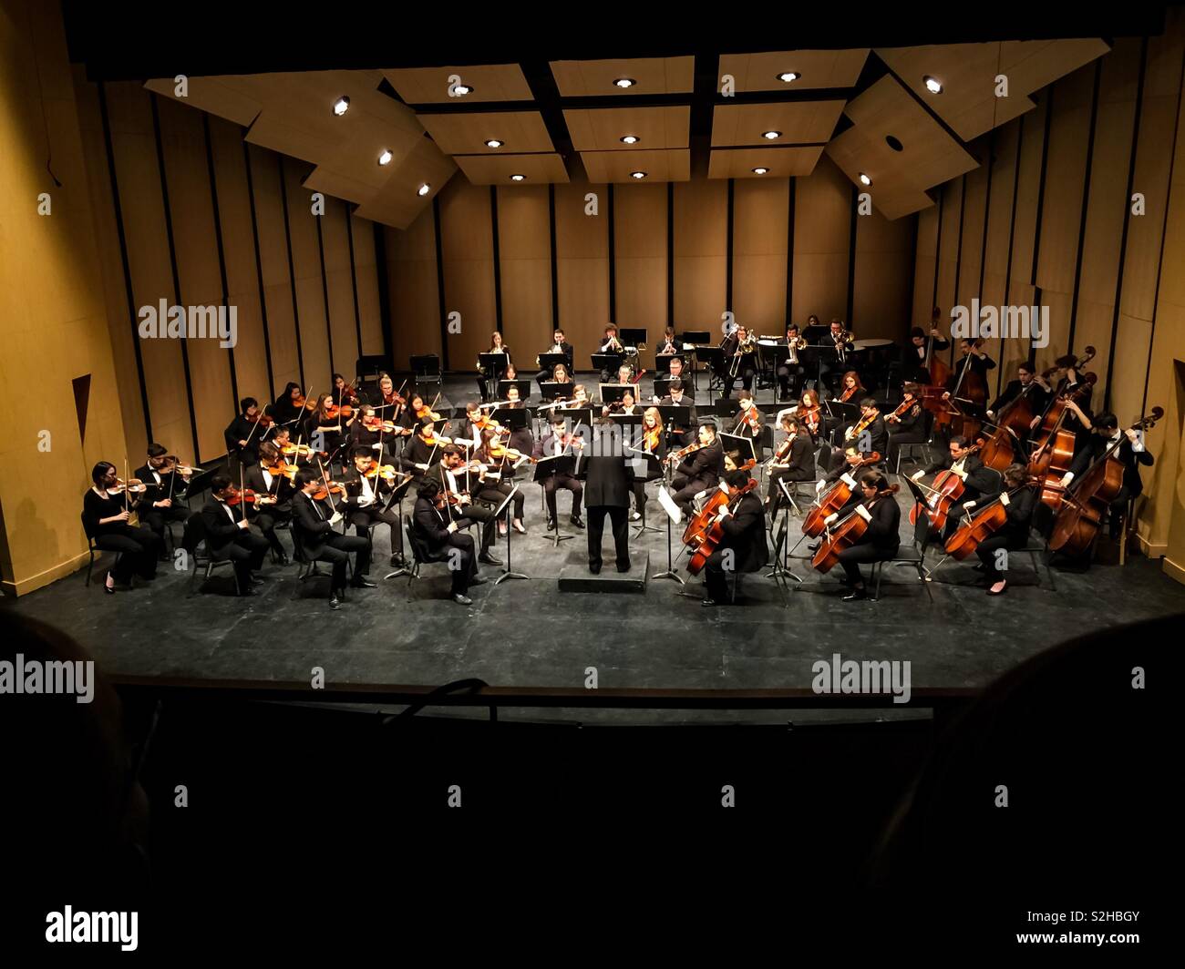 Ein Jugendsymphonieorchester, das bereit ist, auf der Bühne einer Universität in Ontario, Kanada, aufzutreten. Vor Covid. Stockfoto