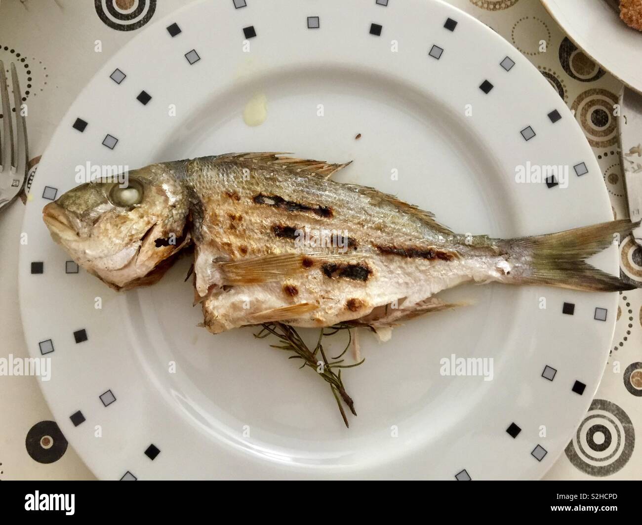 Gegrillter Fisch auf einem Teller Stockfoto