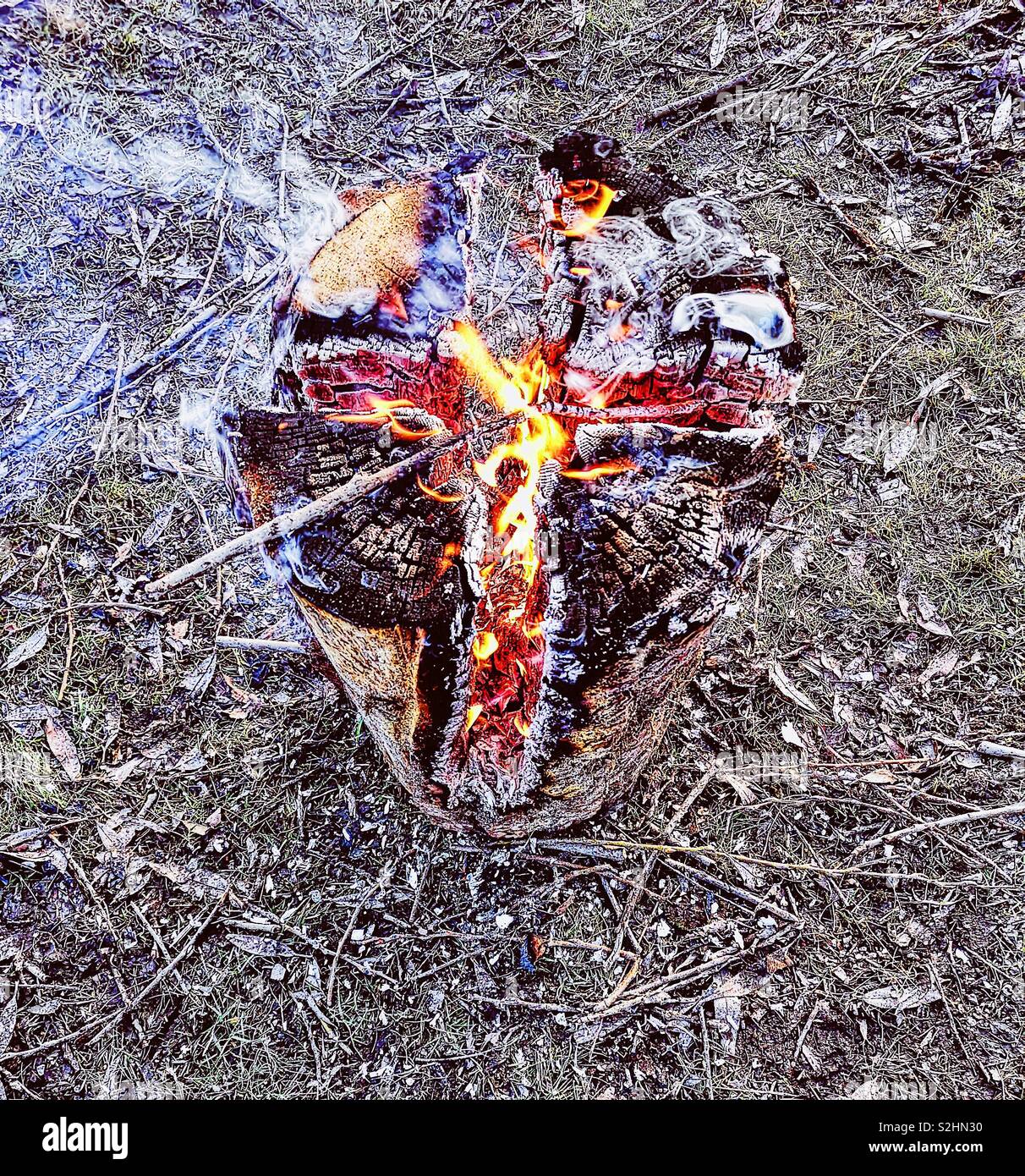 Schwedische Feuer, Schweden, Skandinavien anmelden. Die Protokolle sind vertikal geschnitten und in Brand gesetzt. Das Feuer selbst füttern und das Protokoll Verbrennungen von Innen heraus. Das Feuer kann bis zu 5 Stunden - Smartphone-aufgenommenes Stockfoto