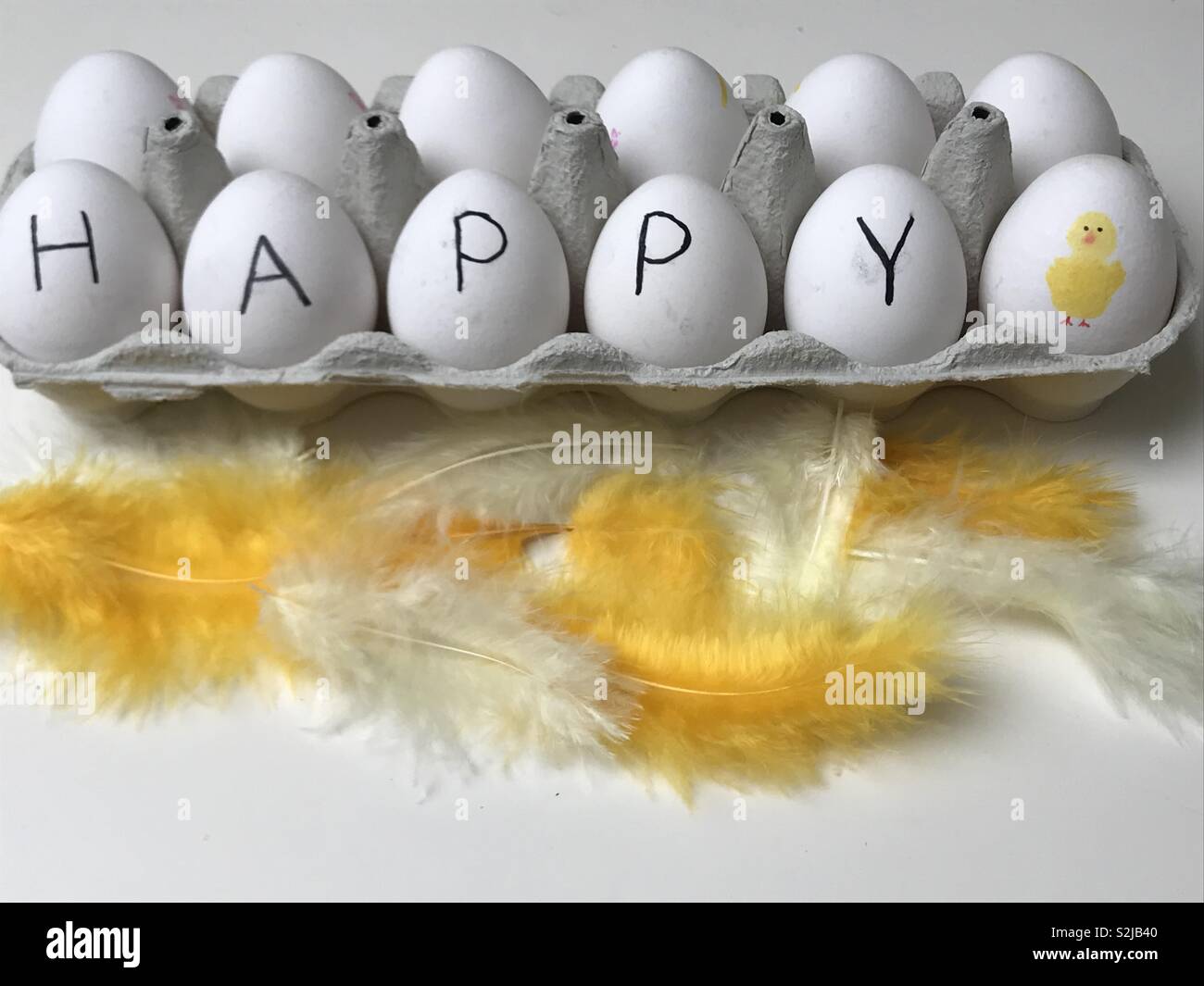 Glückliche Eier in einer Box! Gerne weiße Eier im Karton geschrieben und eine lustige gelbe Huhn ein Ei bemalt. Gelbe Federn vor dem Feld Stockfoto