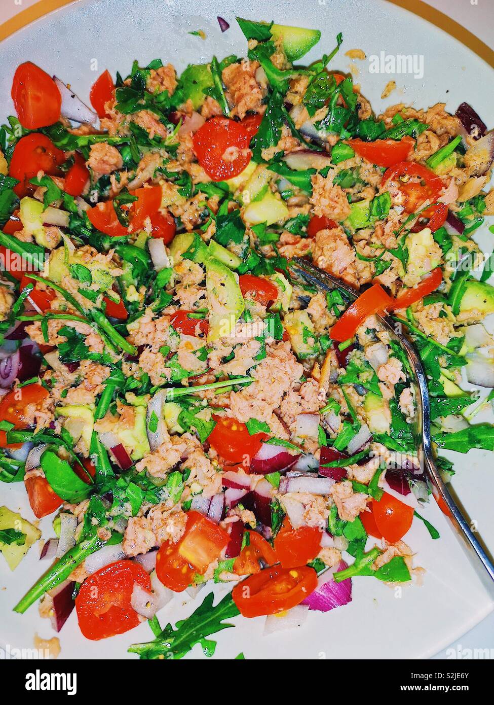 Thunfisch salat Draufsicht Stockfoto