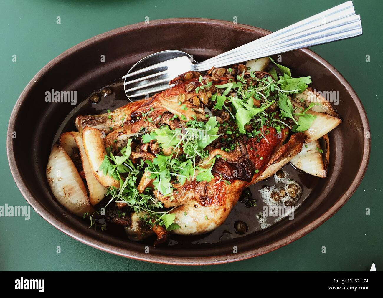 Gebratenes Huhn mit Linsen, frische Kräuter und gebratene Zwiebeln in Stockholm, Schweden. Stockfoto