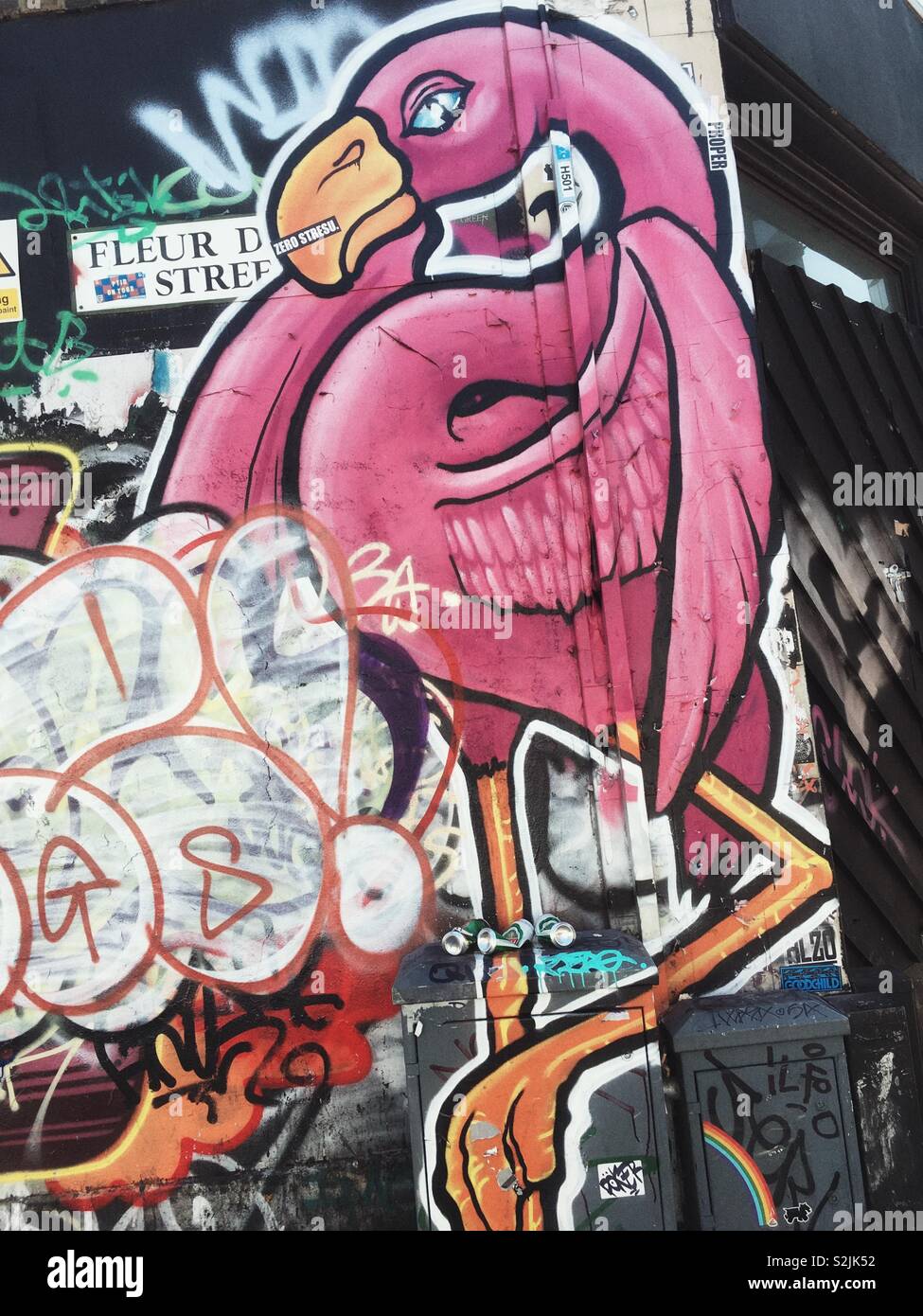 Flamingo Street Art um Brick Lane, London Stockfoto
