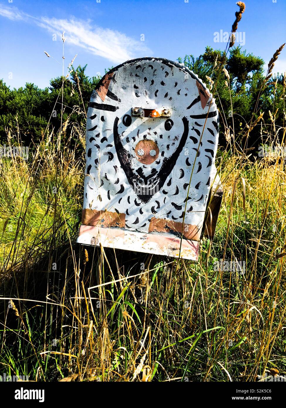 Mailbox gemalt, wie ein Schaf durch eine Landstraße in der Sonne in Neuseeland Stockfoto