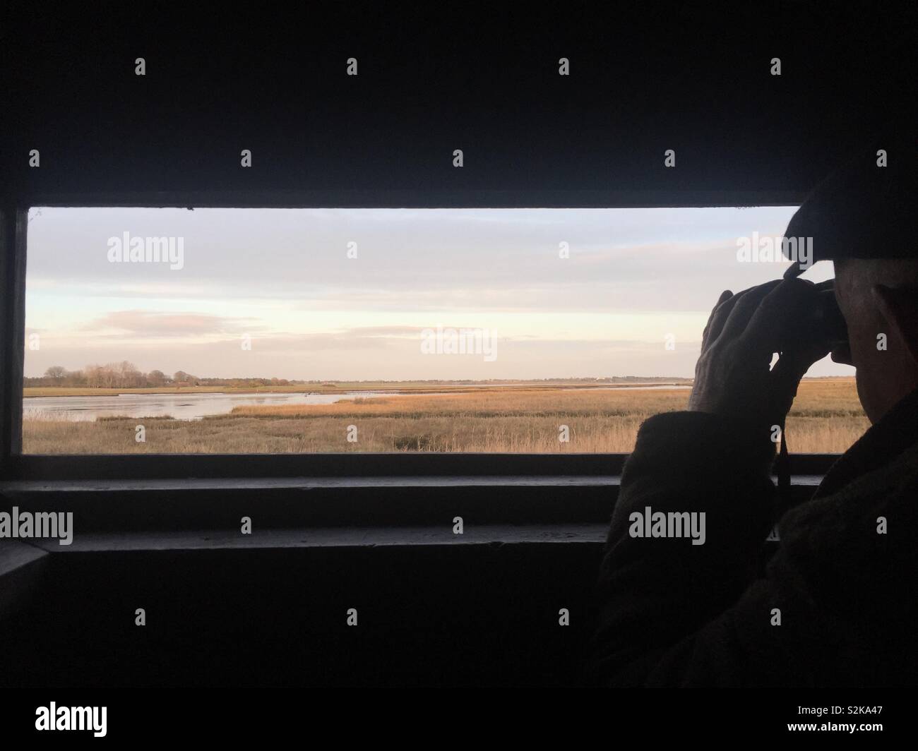 Vogelbeobachtung mit dem Fernglas von Vogel verstecken sich auf Feuchtgebiete Marsh in Suffolk, England Stockfoto