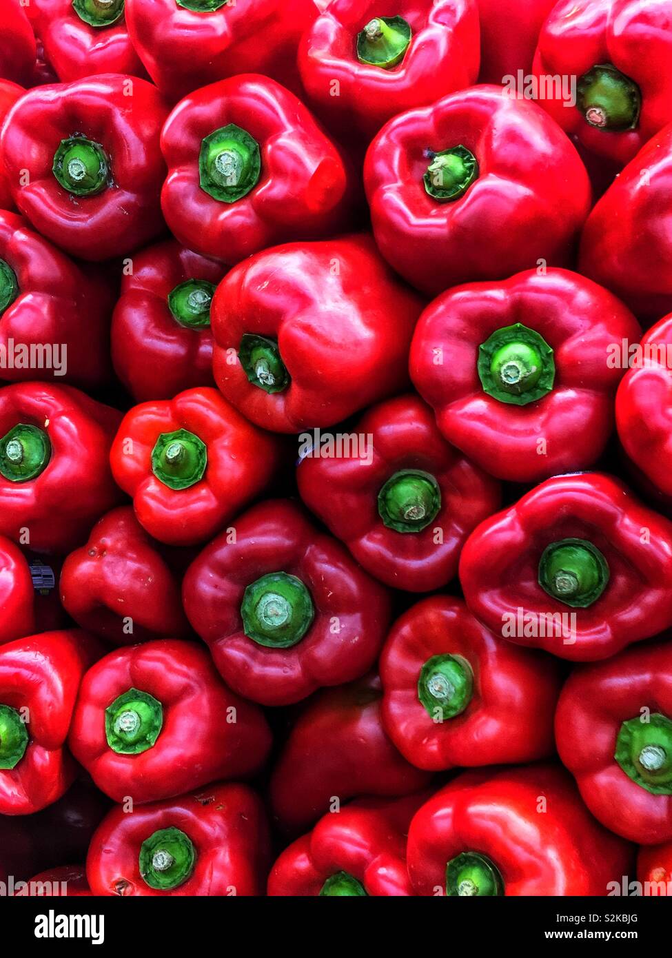 Full Frame der viele frische reife rote Paprika gestapelt und hohe auf der Anzeige und zum Verkauf an die lokale Anbieter produzieren angehäuft. Stockfoto