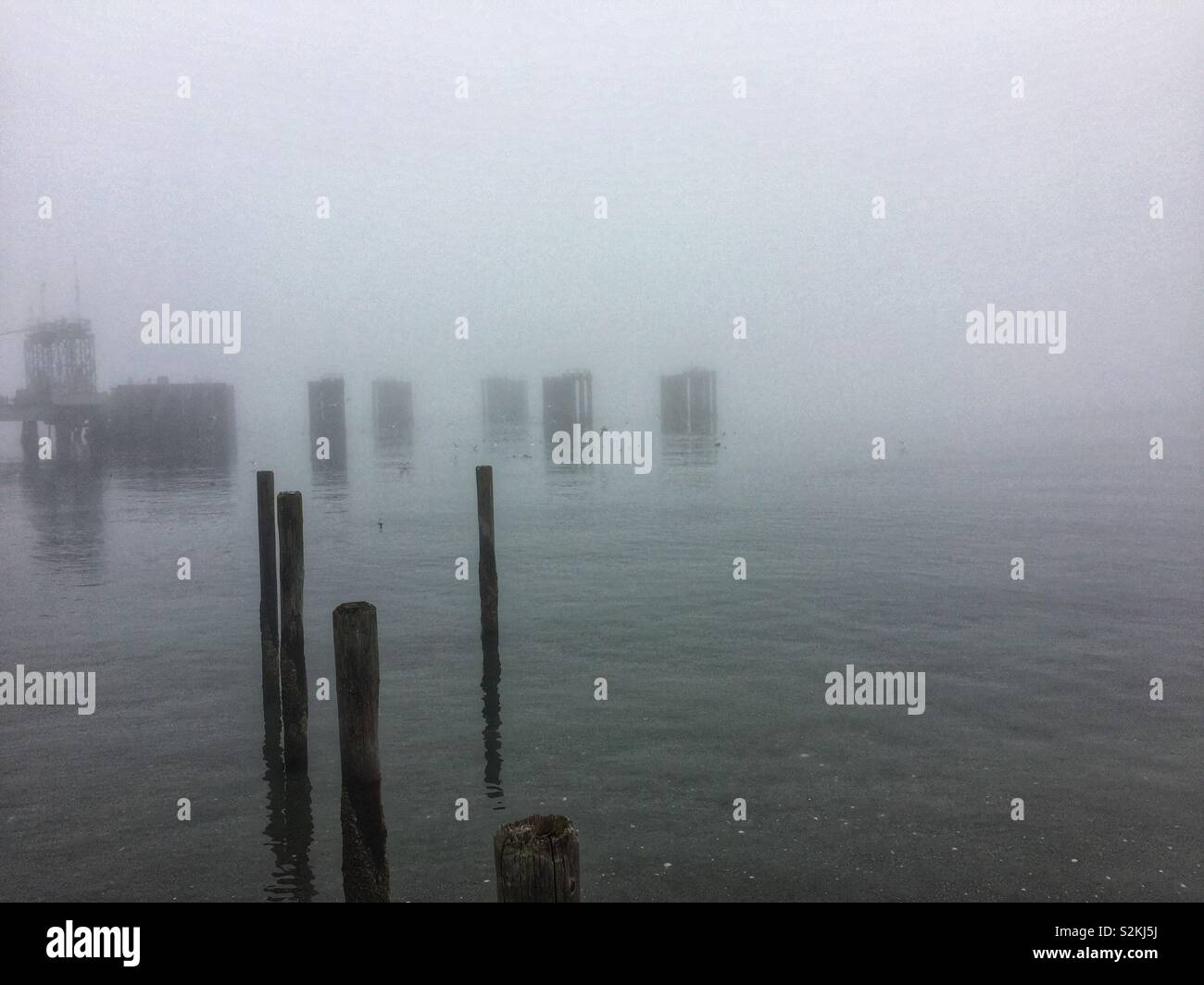 Warten auf die Fähre im Nebel Stockfoto