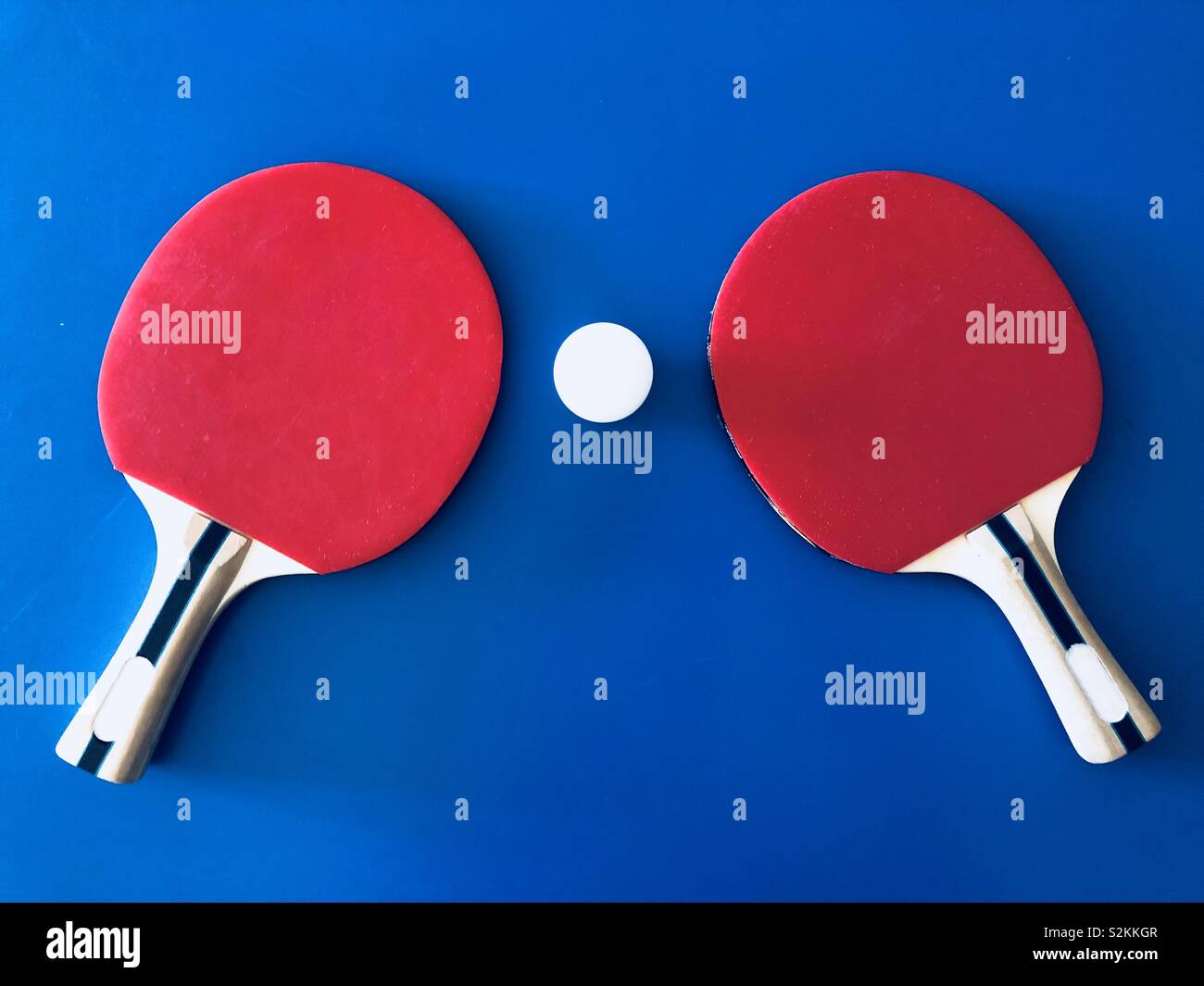 Roten Tischtennisschläger auf blauem Hintergrund - Smartphone-aufgenommenes Stockfoto