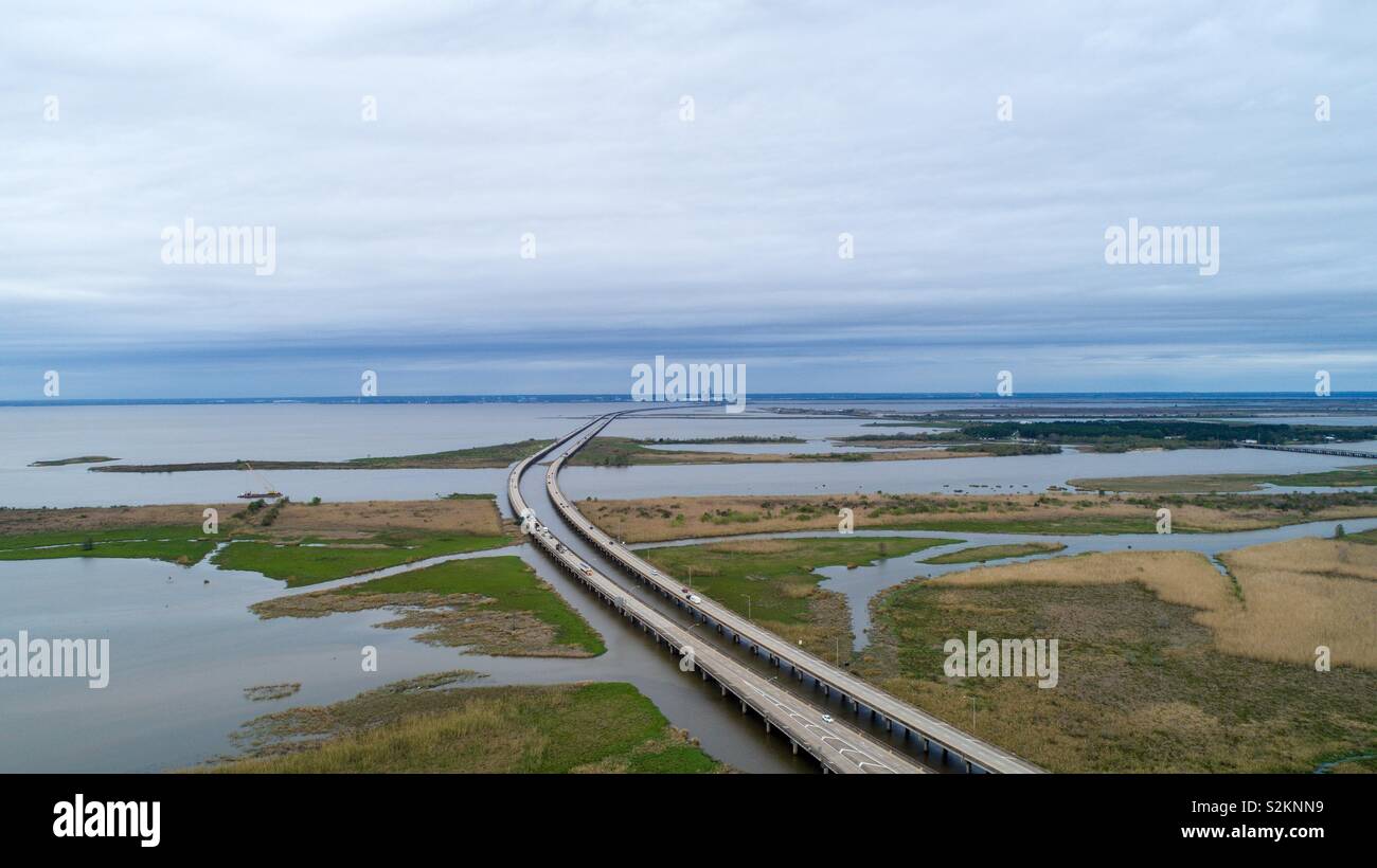 Luftaufnahme der Mobile Bay während eines Sturms - Smartphone-aufgenommenes Stockfoto