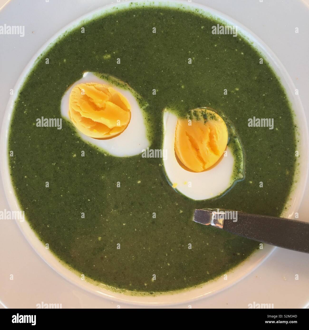 Stingin Brennnessel-suppe mit ei Hälften. - Smartphone-aufgenommenes Stockfoto