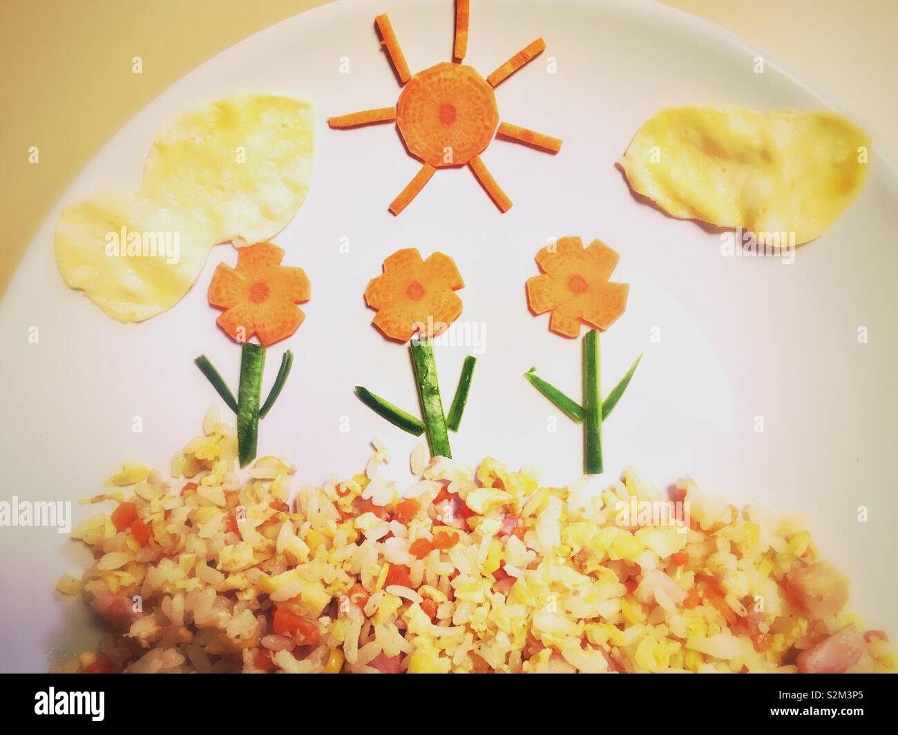 Eine Nahaufnahme Bild einer Mahlzeit mit Gemüse, Eier und Reis. Stockfoto