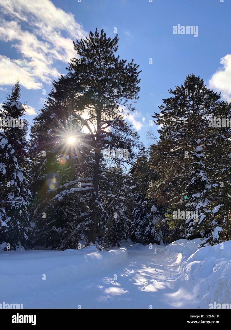 Sonne und Schnee bedeckt Straße Stockfoto