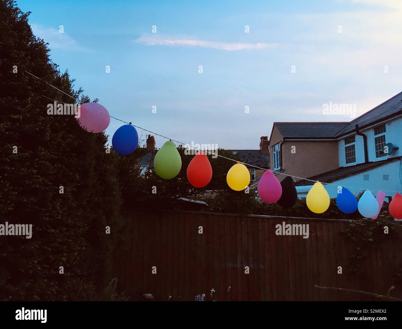 Bunte Luftballons aufgereiht in einem Garten auf der Rückseite Stockfoto