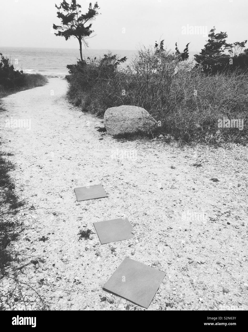 Schwarz-weiß-Bild von einem Pfad zum Strand - Smartphone-aufgenommenes Stockfoto