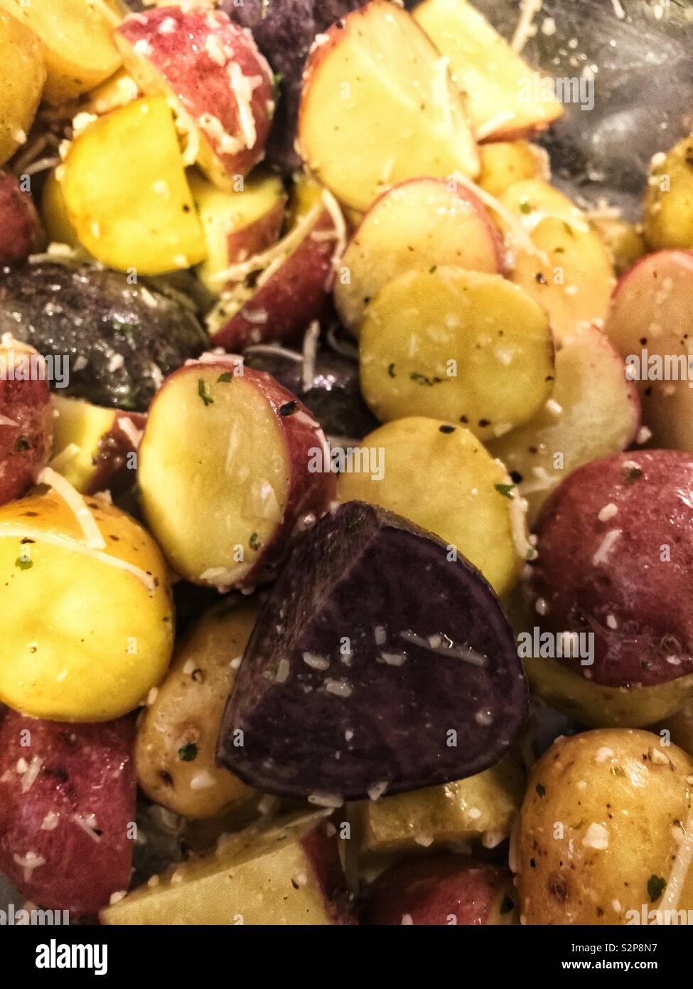 Medley aus einer Vielzahl von bunten Kartoffeln geschnitten und gebacken mit frischem Parmesan Käse. Stockfoto