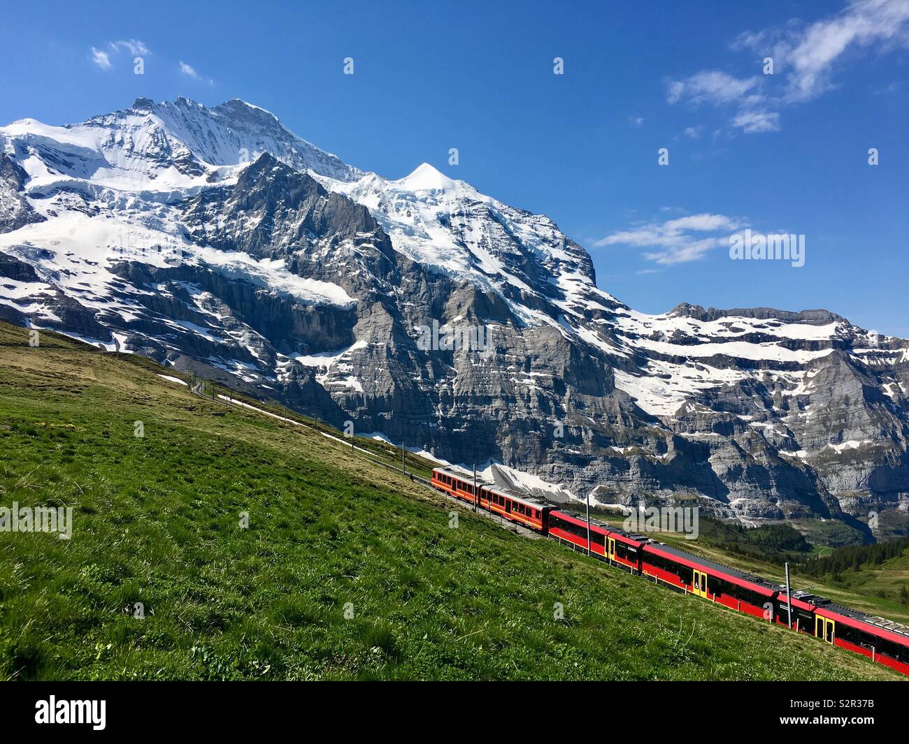 Zug zum Jungfraujoch über Kleine Scheidegg mit dem Berg Jungfrau, Berner Alpen, Schweiz. Stockfoto