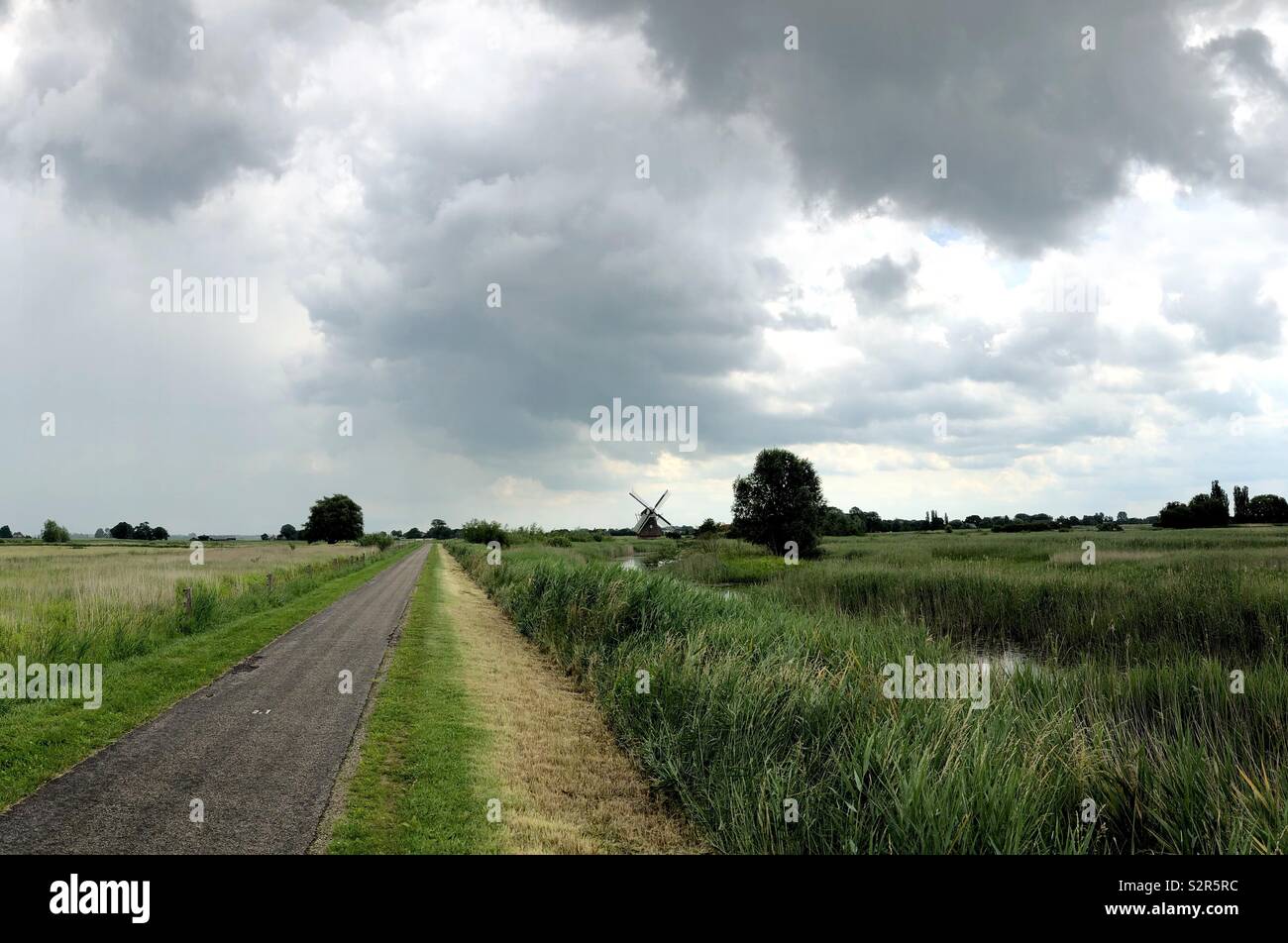 Atmosphärische und traditionelle niederländische Landschaft nördlich von Groningen in Richtung einer holländischen Windmühle suchen zusammen einen Deich mit einem Radweg mit hoch aufragenden Regen Wolken in einem Naturschutzgebiet. Stockfoto