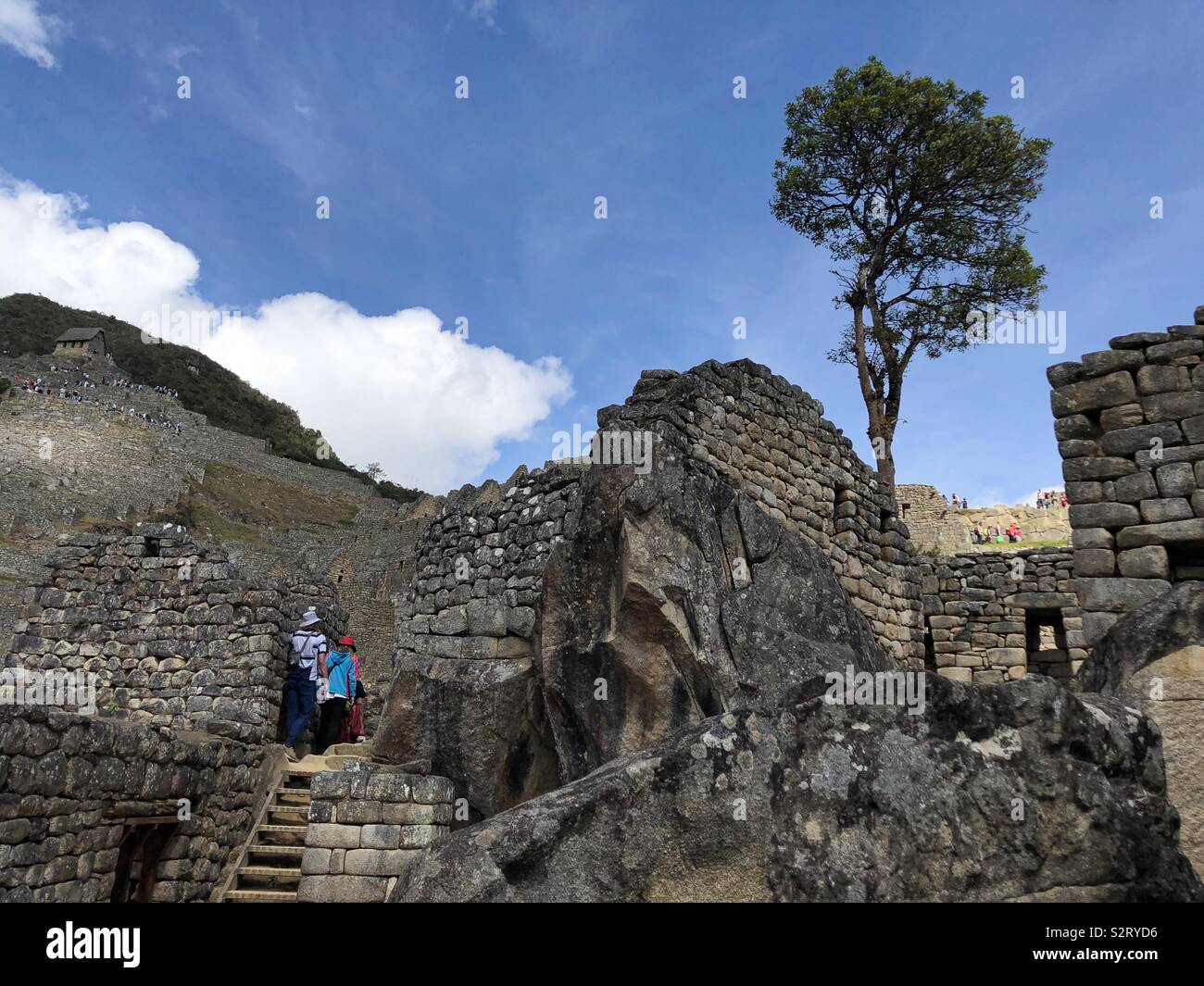 Touristen Besucher nach Machu Picchu Machu Picchu Ausgrabungsstätte Inka-ruinen in Peru Peru Südamerika Stockfoto
