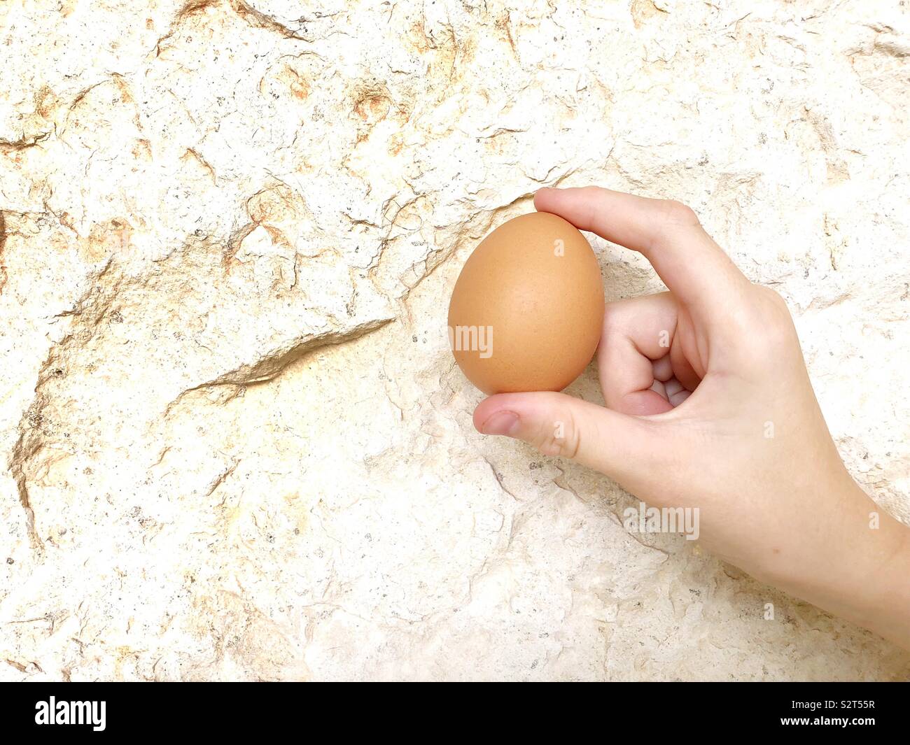 Hand ein Ei vor Kalkstein Wand Stockfoto