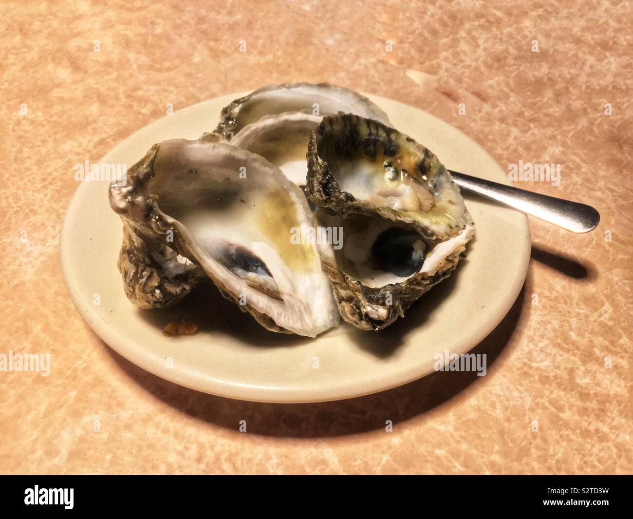Leere Austernschalen auf einem kleinen weißen Platte mit einem kleinen Essbesteck. Stockfoto