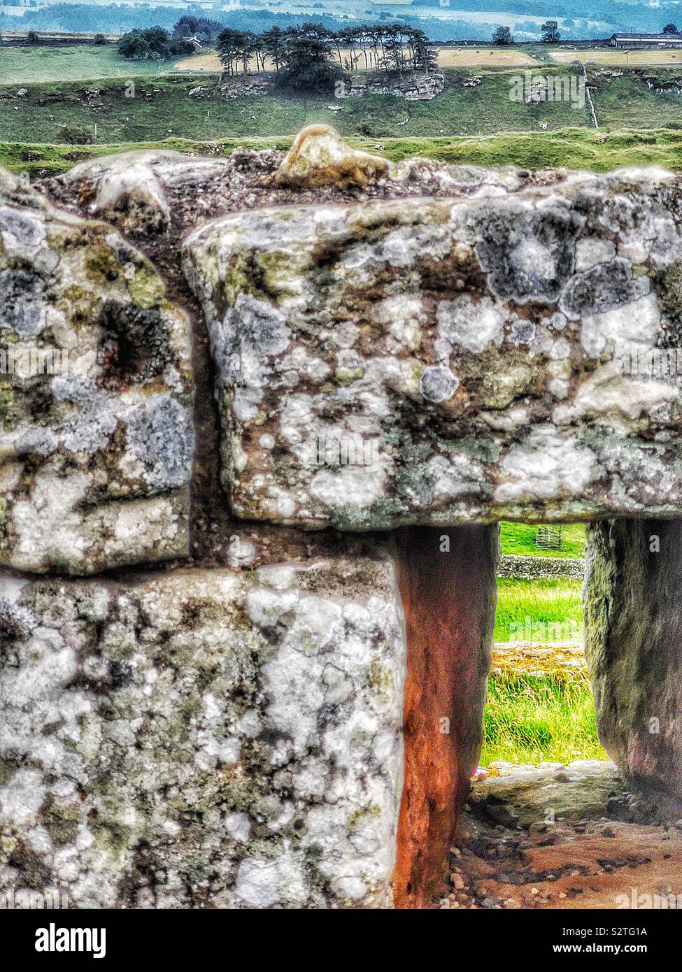 Blick durch und über Abschnitt der römischen Festung auf Hadrian's Wall, Housesteads, Northumberland, England. Stein fort um AD 124 gebaut Stockfoto