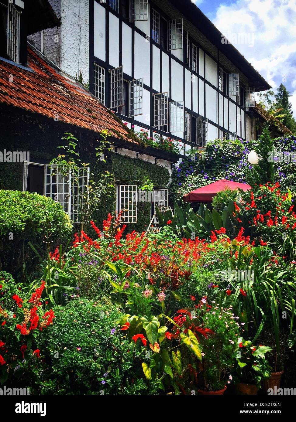 Der Garten Der Räucherei, einem englischen Tudorstil Stil Haus im Jahr 1939 erbaut, heute ein Hotel und Restaurant in Tanah Rata, Cameron Highlands, Malaysia - Smartphone-aufgenommenes Stockfoto