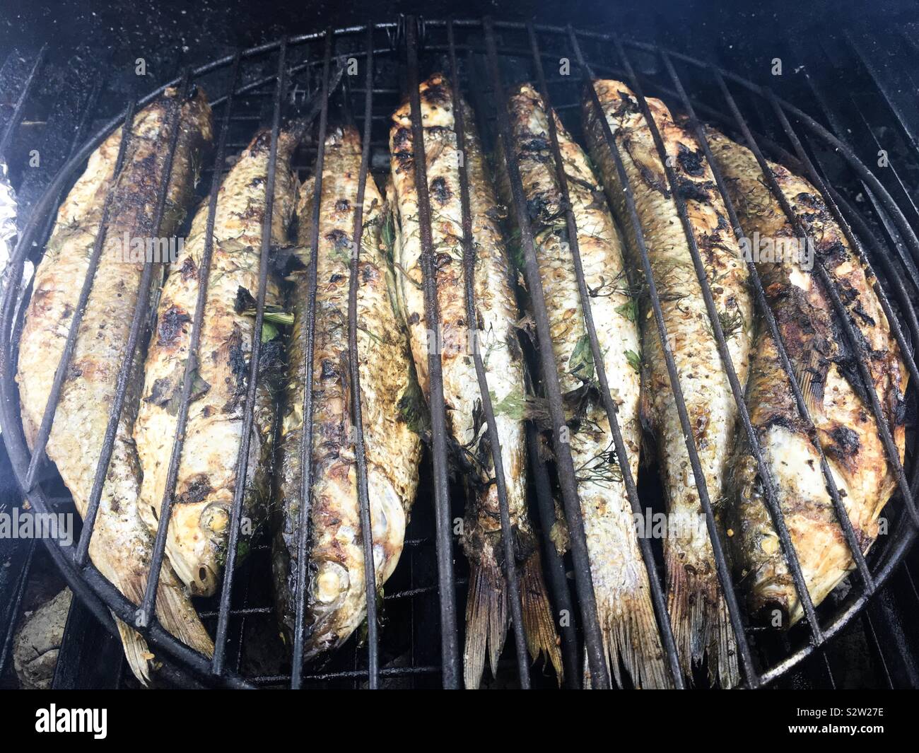 Im Sommer isst, gegrillten Fisch - Smartphone-aufgenommenes Stockfoto