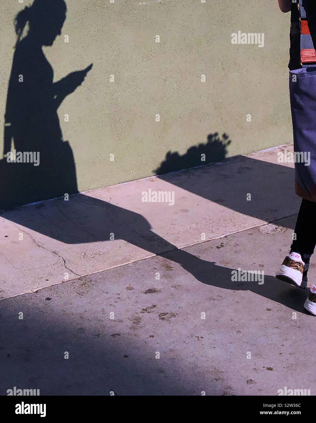 Zu Fuß vor mir, der Schatten einer Frau sieht auf ihr Handy. Stockfoto