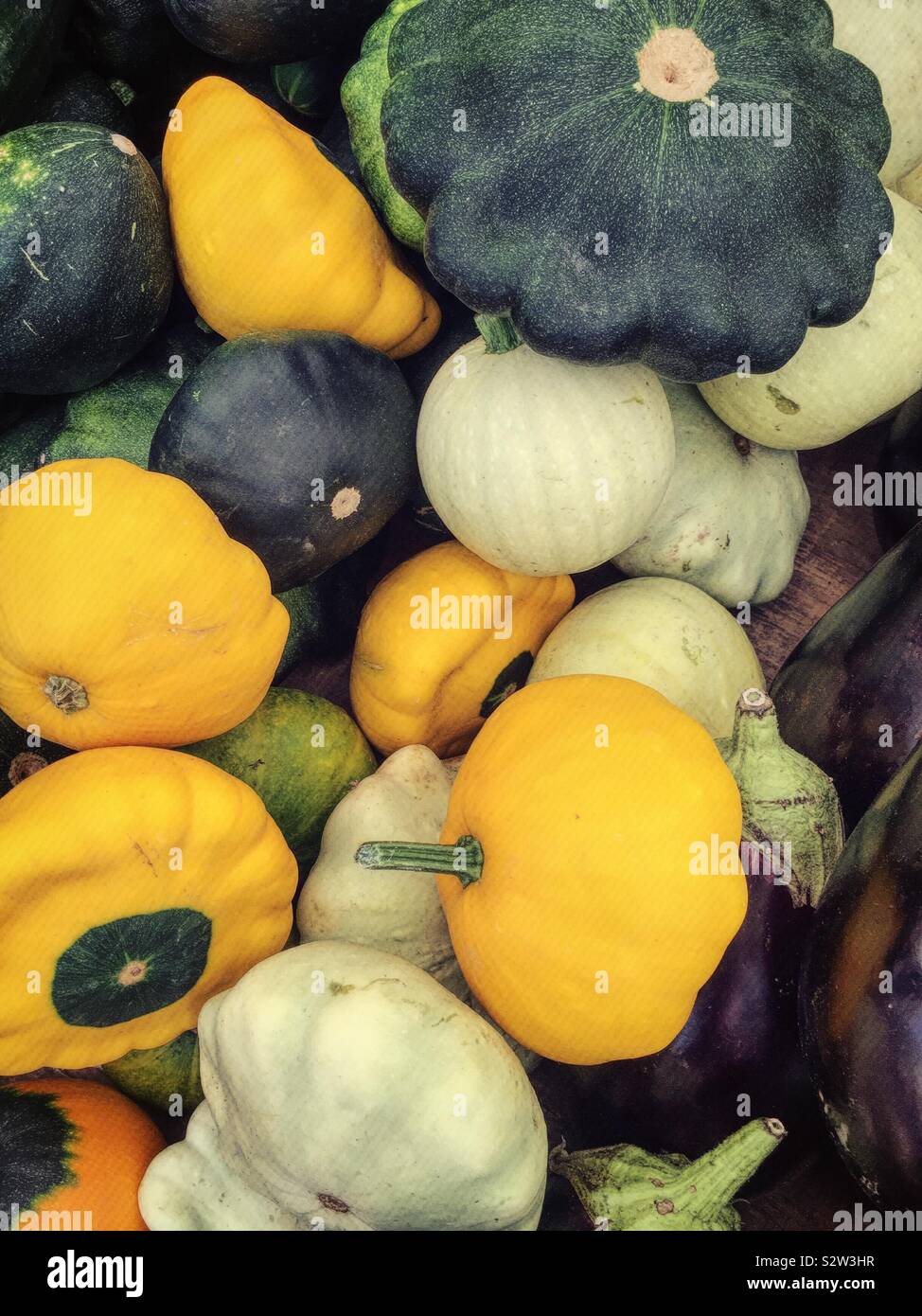 Nahaufnahme von Gelb, Weiß und Grün pattypan Squash in dem Gang, der ein Lebensmittelgeschäft - Smartphone-aufgenommenes Stockfoto